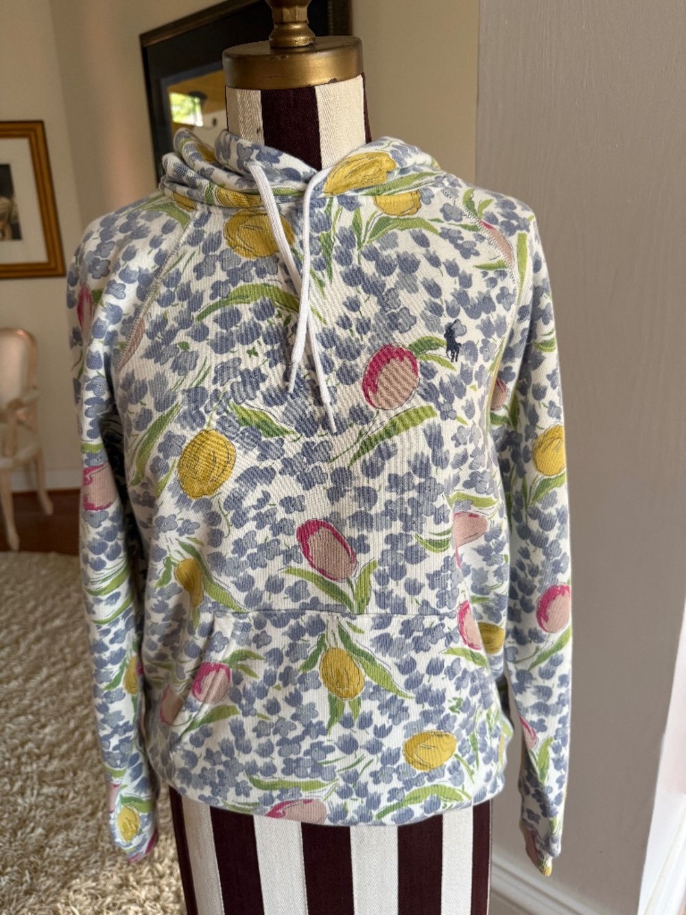 POLO Ralph Lauren Floral Tulip Print Logo Stretch Hoodie Sweatshirt Size Small